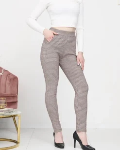 Legginsy / Tregginsy^Royalfashion Bordowo- czarne ocieplane damskie tregginsy w kratkę Bordowy