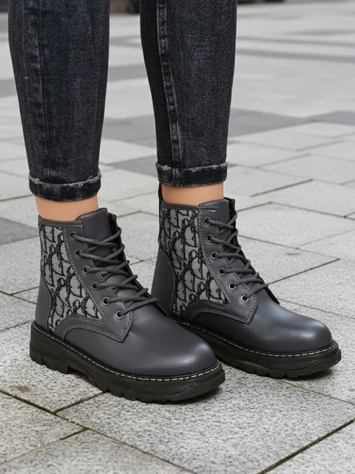 Botki Bez Ocieplenia|Botki Na Płaskim Obcasie^Royalfashion Botki damskie z printem Efrioz Jasny szary