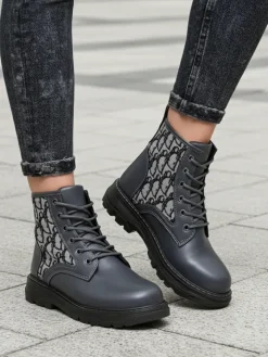 Botki Bez Ocieplenia|Botki Na Płaskim Obcasie^Royalfashion Botki damskie z printem Efrioz Jasny szary