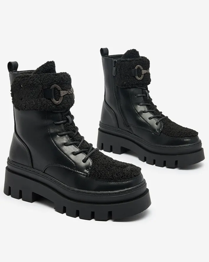 Botki Z Delikatnym Ociepleniem|Botki Na Płaskim Obcasie^Royalfashion Botki damskie z kożuszkiem Faeltone czarny