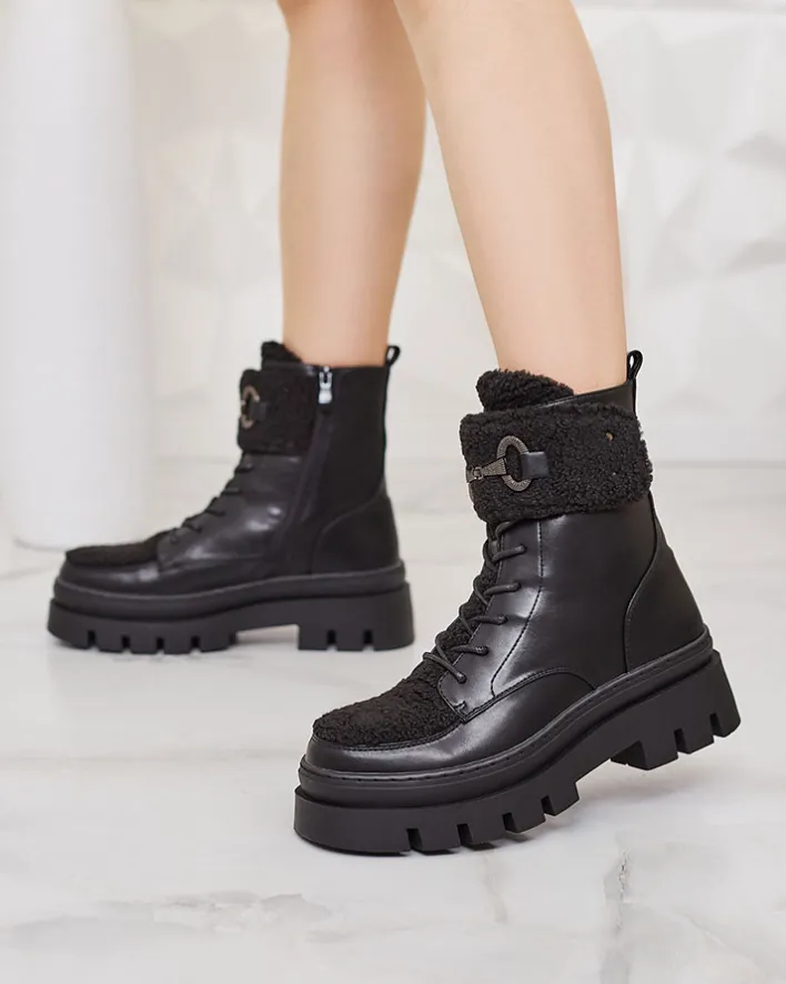 Botki Z Delikatnym Ociepleniem|Botki Na Płaskim Obcasie^Royalfashion Botki damskie z kożuszkiem Faeltone czarny