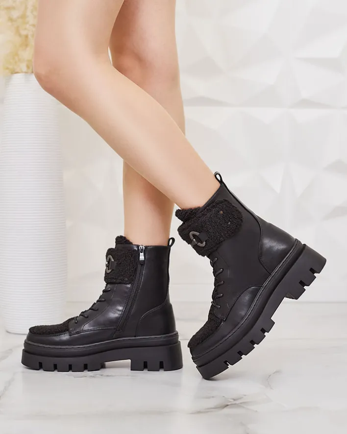 Botki Z Delikatnym Ociepleniem|Botki Na Płaskim Obcasie^Royalfashion Botki damskie z kożuszkiem Faeltone czarny