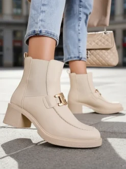 Botki Z Delikatnym Ociepleniem|Botki Na Słupku^Royalfashion Botki damskie na niskim słupku Ewios beżowy