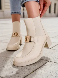 Botki Z Delikatnym Ociepleniem|Botki Na Słupku^Royalfashion Botki damskie na niskim słupku Ewios beżowy