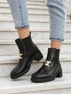 Botki Z Delikatnym Ociepleniem|Botki Na Słupku^Royalfashion Botki damskie na niskim słupku Ewios czarny