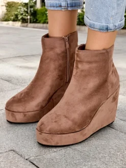 Botki Z Delikatnym Ociepleniem|Botki Na Koturnie^Royalfashion Botki damskie na koturnie Sieffa jasny brązowy