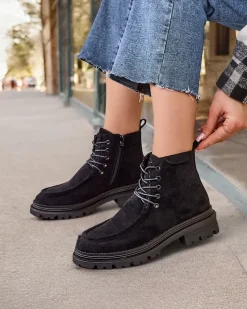 Botki Z Delikatnym Ociepleniem|Botki Sznurowane^Royalfashion Botki damskie sznurowane Rullose czarny