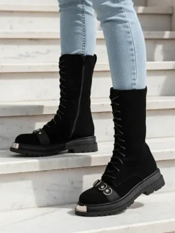 Botki Z Delikatnym Ociepleniem|Botki Na Płaskim Obcasie^Royalfashion Botki damskie sznurowane Werces czarny