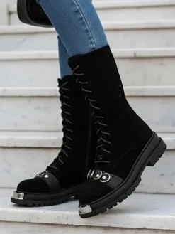 Botki Z Delikatnym Ociepleniem|Botki Na Płaskim Obcasie^Royalfashion Botki damskie sznurowane Werces czarny