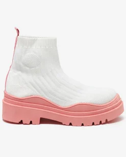 Botki Bez Ocieplenia|Botki Na Płaskim Obcasie^Royalfashion Botki damskie na grubszej podeszwie w kolorze biało- różowym Korlico biały