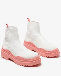 Botki Bez Ocieplenia|Botki Na Płaskim Obcasie^Royalfashion Botki damskie na grubszej podeszwie w kolorze biało- różowym Korlico biały