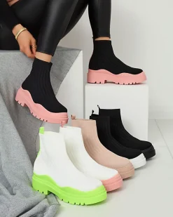 Botki Bez Ocieplenia|Botki Na Płaskim Obcasie^Royalfashion Botki damskie na grubszej podeszwie w kolorze biało- różowym Korlico biały