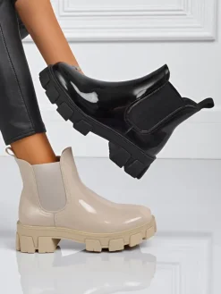 Botki Bez Ocieplenia|Botki Na Słupku^Royalfashion Botki na masywnej podeszwie z eko skóry lakierowanej Calista Weide beżowy