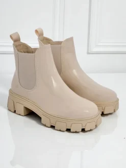 Botki Bez Ocieplenia|Botki Na Słupku^Royalfashion Botki na masywnej podeszwie z eko skóry lakierowanej Calista Weide beżowy