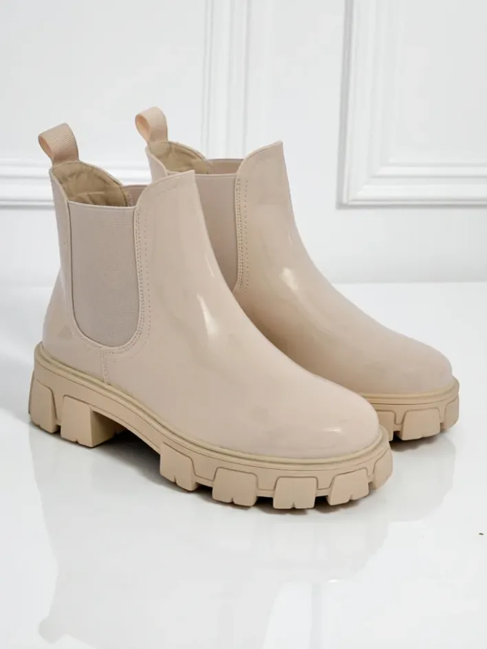 Botki Bez Ocieplenia|Botki Na Słupku^Royalfashion Botki na masywnej podeszwie z eko skóry lakierowanej Calista Weide beżowy