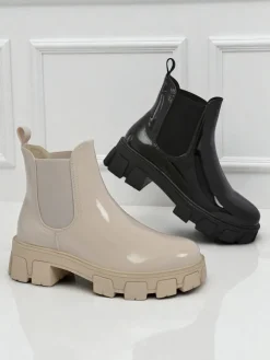 Botki Bez Ocieplenia|Botki Na Słupku^Royalfashion Botki na masywnej podeszwie z eko skóry lakierowanej Calista Weide beżowy