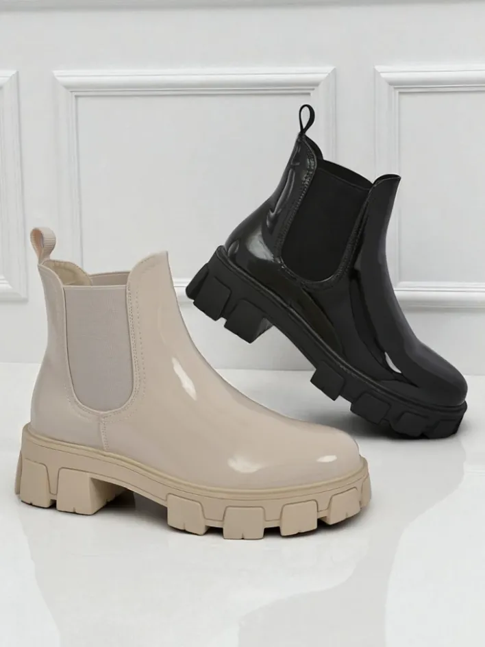 Botki Bez Ocieplenia|Botki Na Słupku^Royalfashion Botki na masywnej podeszwie z eko skóry lakierowanej Calista Weide beżowy