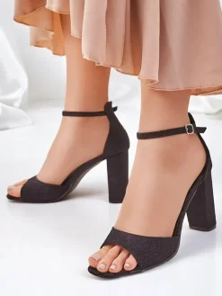 Sandały Na Słupku^Royalfashion Brokatowe damskie sandały Roka czarny