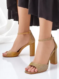 Sandały Na Słupku^Royalfashion Brokatowe damskie sandały Roka złoty