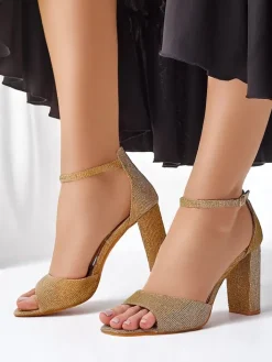 Sandały Na Słupku^Royalfashion Brokatowe damskie sandały Roka złoty