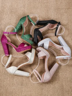 Sandały Na Słupku^Royalfashion Brokatowe damskie sandały Vobetta czarny