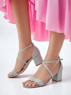 Sandały Na Słupku^Royalfashion Brokatowe damskie sandały Rokates srebrny