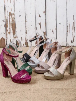 Sandały Na Słupku^Royalfashion Brokatowe damskie sandały Vobetta zielony