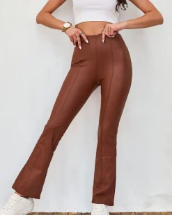 Eko Skórzane|Legginsy / Tregginsy^Royalfashion Brązowe damskie eko-skórzane legginsy a'la dzwony brązowy