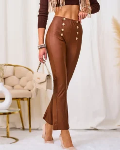 Eko Skórzane|Legginsy / Tregginsy^Royalfashion Brązowe damskie eko-skórzane legginsy ze złotymi guzikami brązowy