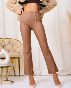 Eko Skórzane|Legginsy / Tregginsy^Royalfashion Brązowe damskie eko-skórzane legginsy ze złotymi guzikami brązowy