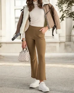 Legginsy / Tregginsy^Royalfashion Brązowe damskie ocieplane tregginsy a'la dzwony brązowy