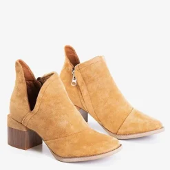 Botki Bez Ocieplenia|Botki Na Słupku^Royalfashion Brązowe damskie botki na słupku Jeneuer brązowy