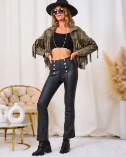 Eko Skórzane|Legginsy / Tregginsy^Royalfashion Brązowe damskie eko-skórzane legginsy ze złotymi guzikami czarny