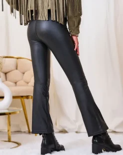 Eko Skórzane|Legginsy / Tregginsy^Royalfashion Brązowe damskie eko-skórzane legginsy ze złotymi guzikami czarny