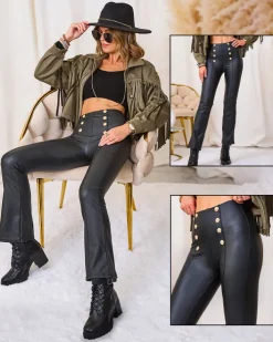 Eko Skórzane|Legginsy / Tregginsy^Royalfashion Brązowe damskie eko-skórzane legginsy ze złotymi guzikami czarny