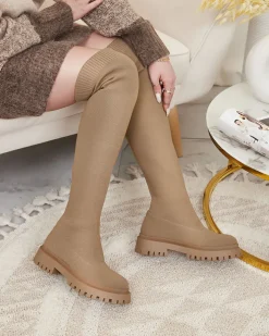 Kozaki Na Płaskim Obcasie|Kozaki Bez Ocieplenia^Royalfashion Brązowe damskie wsuwane kozaki za kolano Radgitas brązowy