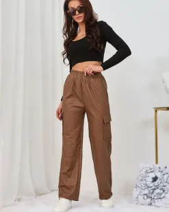 Eko Skórzane|Spodnie Cargo^Royalfashion Brązowe damskie spodnie typu bojówki z eko skóry brązowy