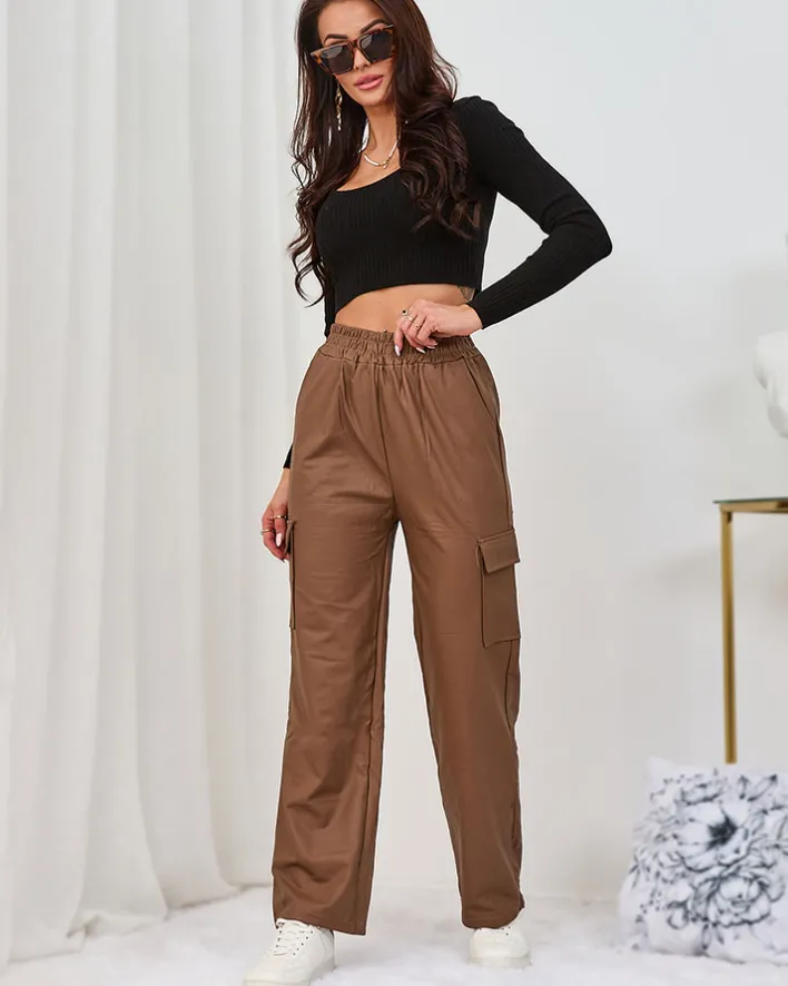 Eko Skórzane|Spodnie Cargo^Royalfashion Brązowe damskie spodnie typu bojówki z eko skóry brązowy