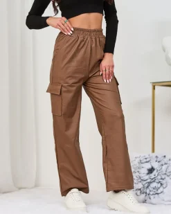 Eko Skórzane|Spodnie Cargo^Royalfashion Brązowe damskie spodnie typu bojówki z eko skóry brązowy