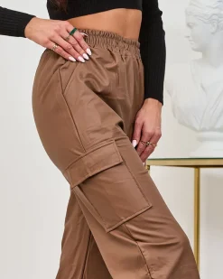 Eko Skórzane|Spodnie Cargo^Royalfashion Brązowe damskie spodnie typu bojówki z eko skóry brązowy