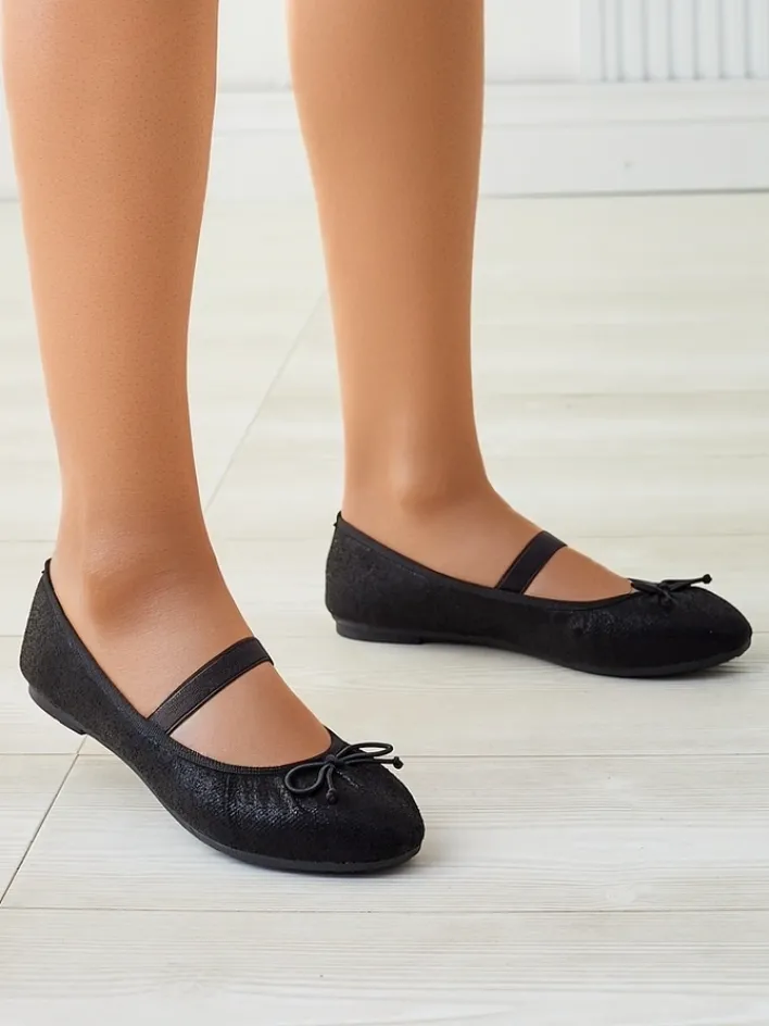 Buty Na Wielkie Wyjście|Baleriny Klasyczne^Royalfashion Błyszczące damskie baleriny z kokardką i gumką Safte czarny