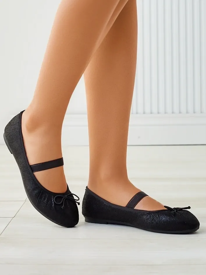 Buty Na Wielkie Wyjście|Baleriny Klasyczne^Royalfashion Błyszczące damskie baleriny z kokardką i gumką Safte czarny