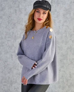 Swetry^Royalfashion Cienki damski sweter z ozdobami na ramionach gołębi szary