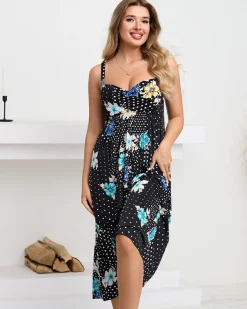 Sukienki Letnie|Sukienki Długie^Royalfashion Czarna damska midi sukienka na ramiączkach w groszki czarny