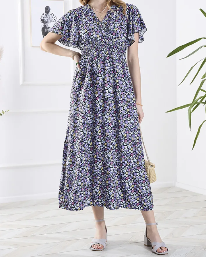 Sukienki Letnie|Sukienki Długie^Royalfashion Czarna damska długa sukienka w fioletowe kwiaty fioletowy