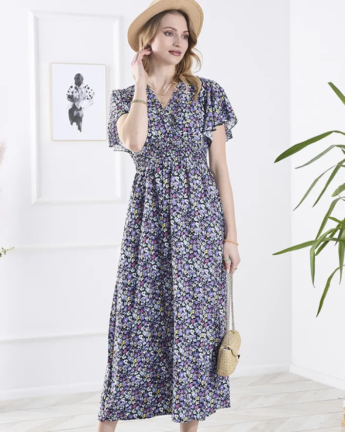 Sukienki Letnie|Sukienki Długie^Royalfashion Czarna damska długa sukienka w fioletowe kwiaty fioletowy