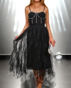 Sukienki Na Imprezę|Sukienki Długie^Royalfashion Czarna sukienka damska midi z tiulem i kryształkami