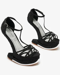 Klasyczne|Sandały Na Koturnie^Royalfashion Czarne czółenka damskie z cyrkoniami Nekko czarny