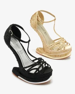 Klasyczne|Sandały Na Koturnie^Royalfashion Czarne czółenka damskie z cyrkoniami Nekko czarny