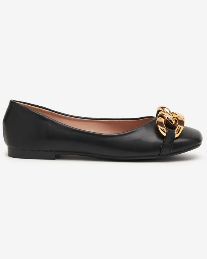 Baleriny Klasyczne^Royalfashion Czarne damskie eko-skórzane balerinki ze złotą ozdobą Gassi czarny